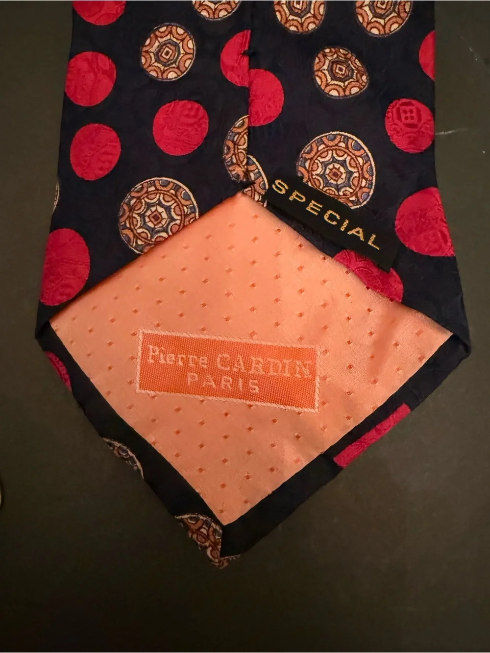 Vtg. Pierre Cardin Navy Tie with Red Polka Dots and Gold Medallions